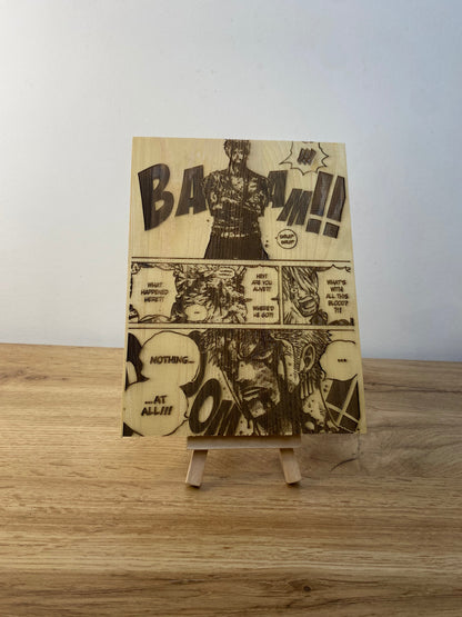 Gravure sur bois One Piece – Zoro « Nothing Happened » | Artisanal – Design Recto/Verso Bois et Traits