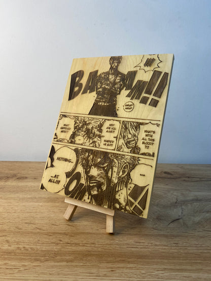 Gravure sur bois One Piece – Zoro « Nothing Happened » | Artisanal – Design Recto/Verso Bois et Traits