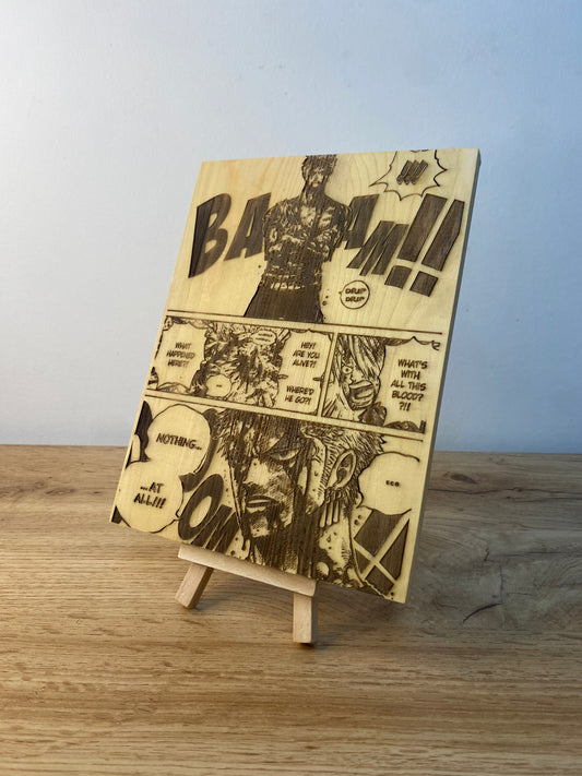 Gravure sur bois One Piece – Zoro « Nothing Happened » | Artisanal – Design Recto/Verso Bois et Traits