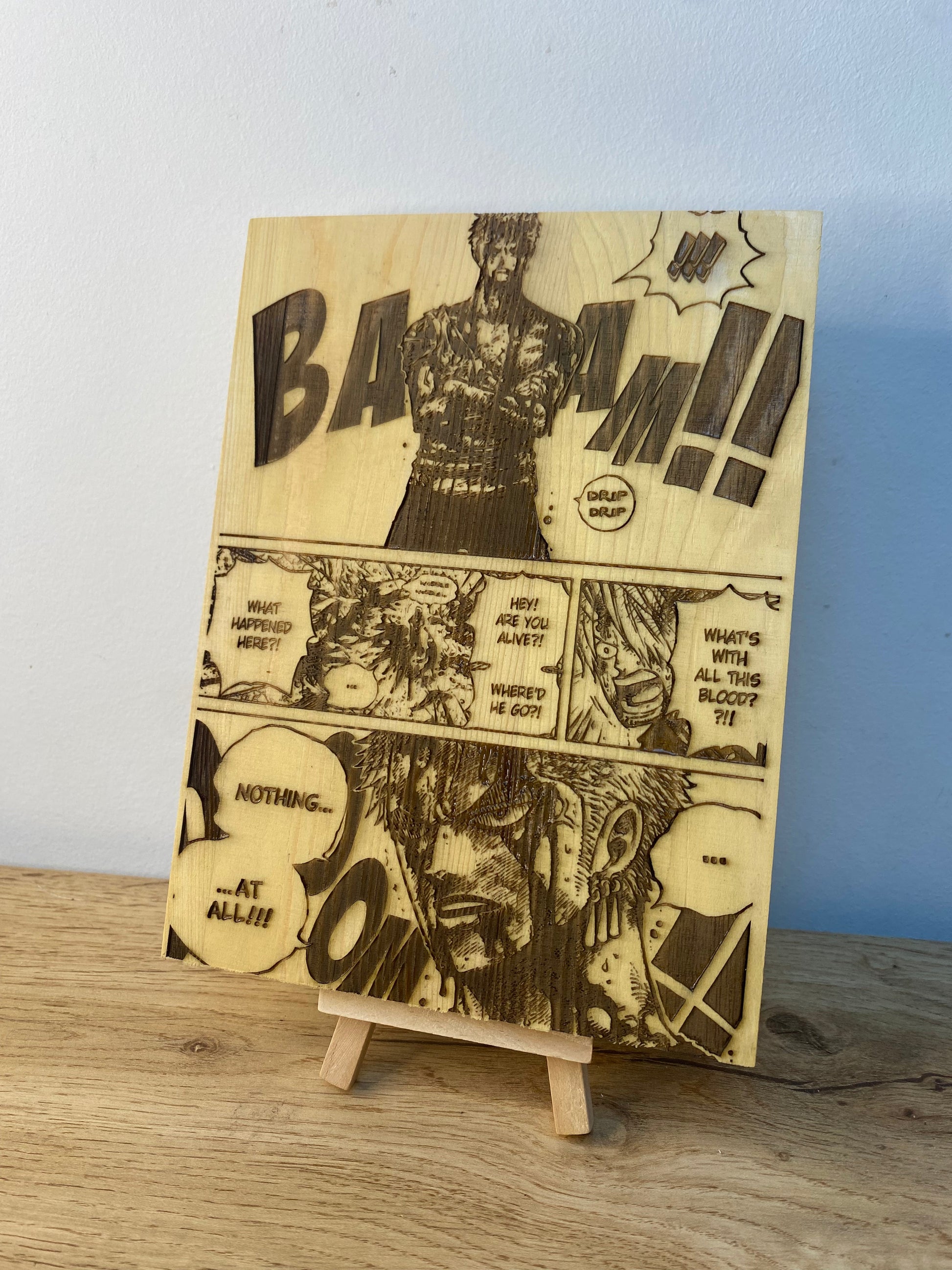 Gravure sur bois One Piece – Zoro « Nothing Happened » | Artisanal – Design Recto/Verso Bois et Traits